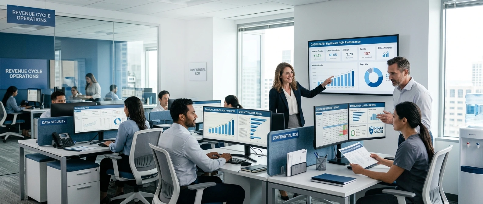 Healthcare administrative team analyzing healthcare RCM performance and proactive claims analytics in a secure data environment - Acuity Health Solution