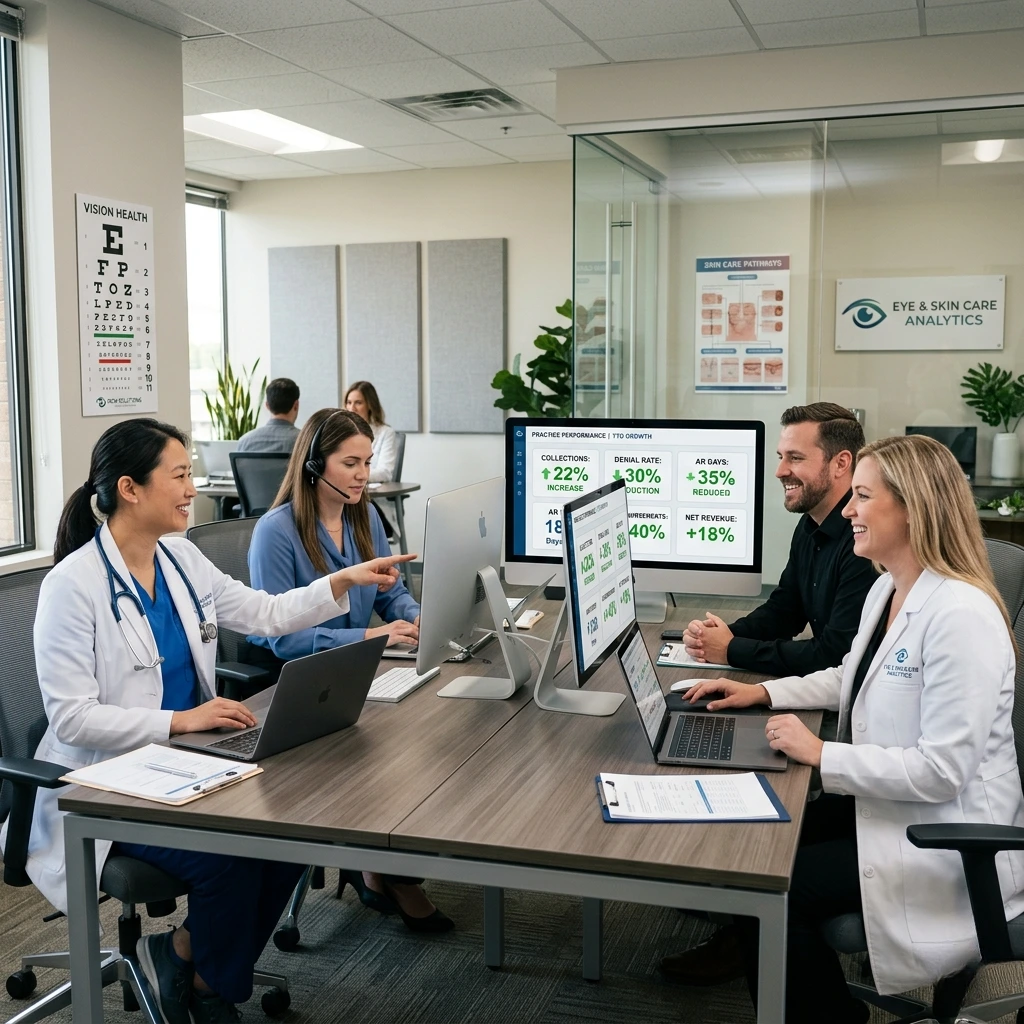 Medical professionals and office staff collaborating at a conference table reviewing a practice performance dashboard with clinical metrics - Acuity Health Solution