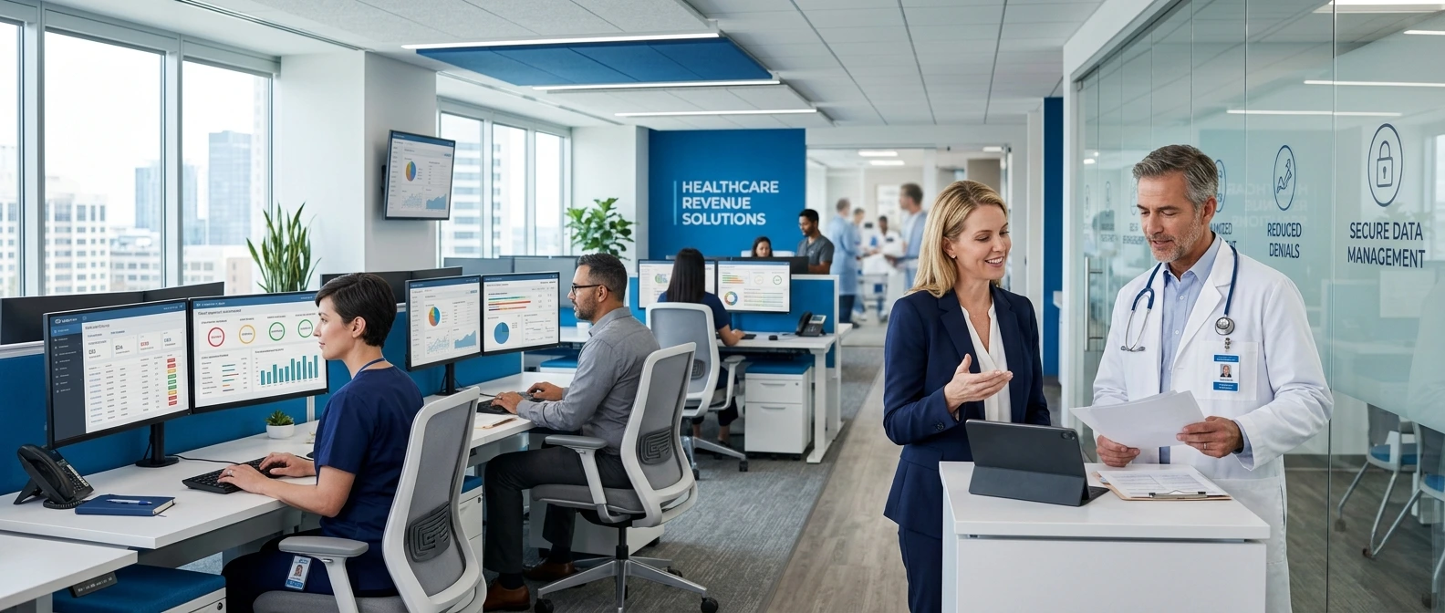 Healthcare consultant discussing clinical data with a doctor alongside a backend team managing healthcare revenue solutions and medical billing dashboards - Acuity Health Solution