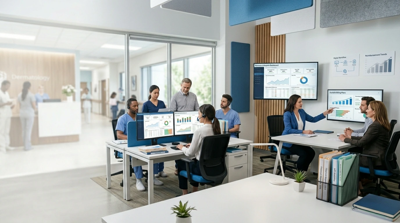 Healthcare administrative team and consultants tracking billing metrics and medical analytics dashboards in a modern hospital office - Acuity Health Solution