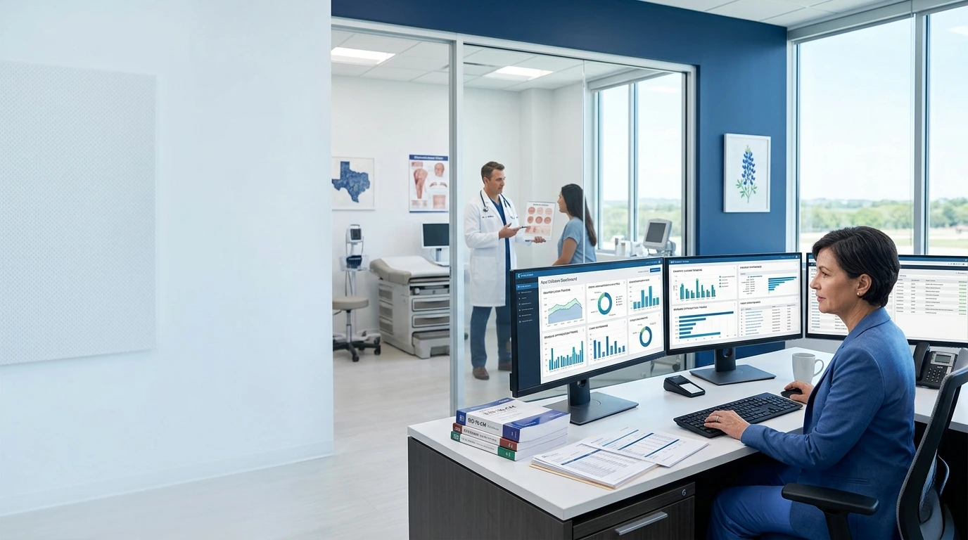 Healthcare administrative leaders reviewing dermatology billing dashboards and claim denial analytics alongside a backend support team - Acuity Health Solution