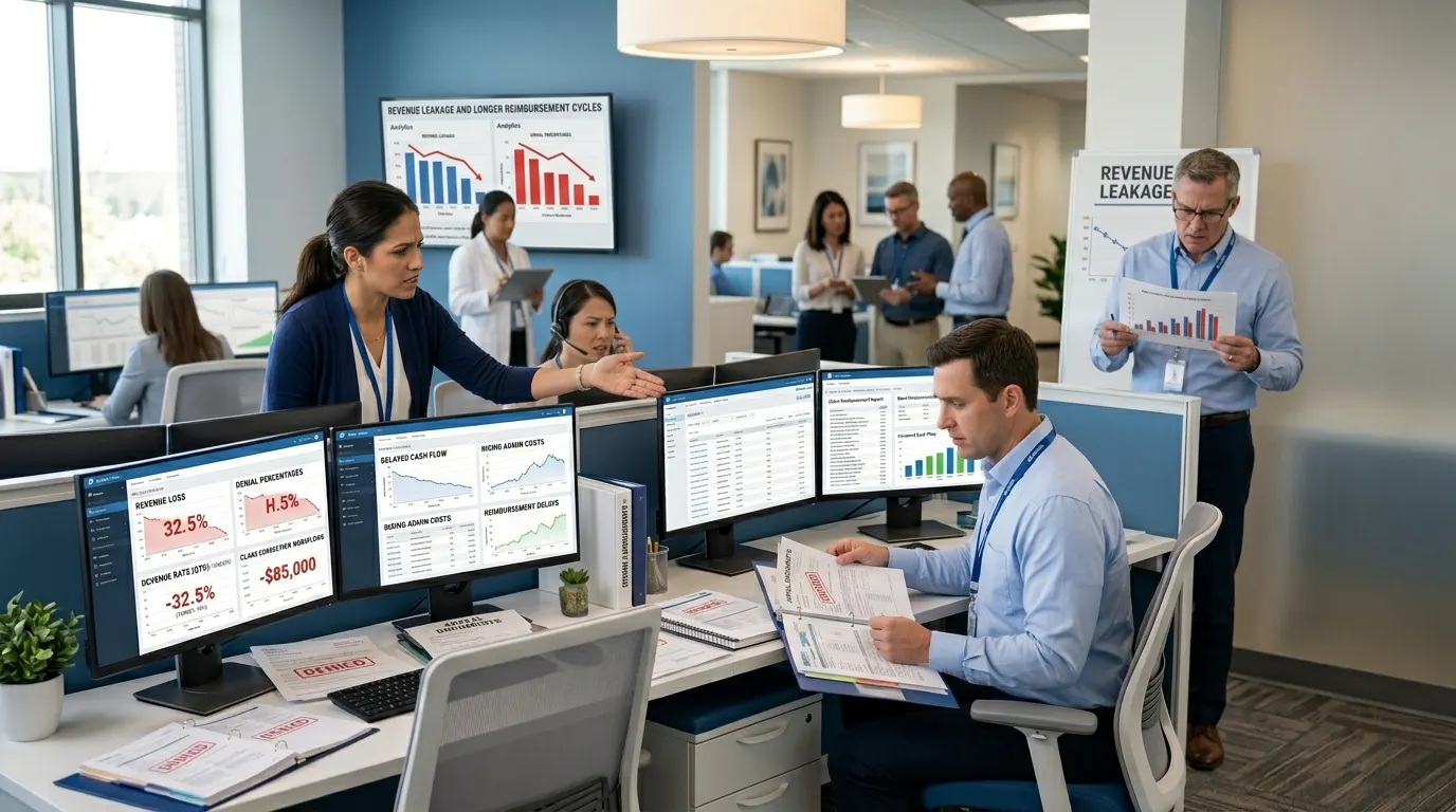 Healthcare administrative leaders reviewing dermatology billing dashboards and claim denial analytics alongside a backend support team - Acuity Health Solution