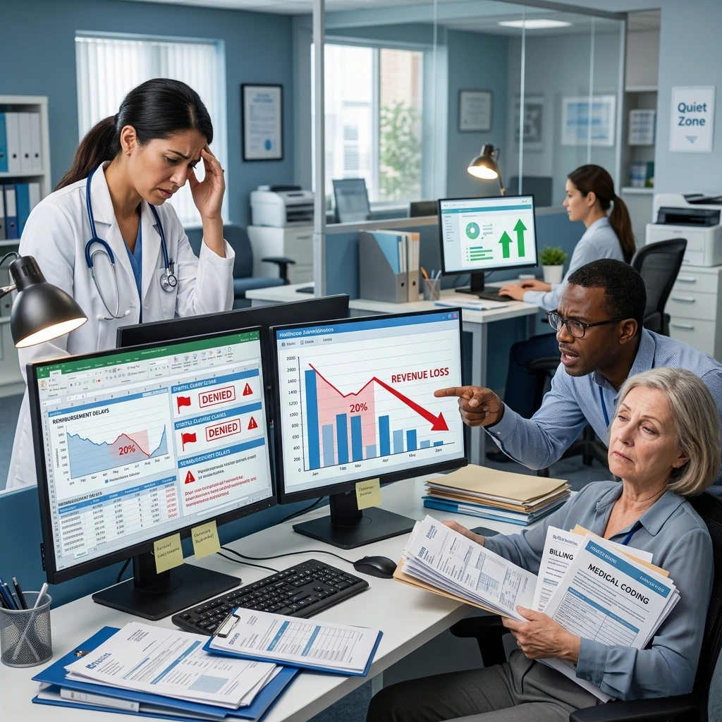 Stressed medical staff and administrative team reviewing a revenue loss chart denied claims and medical coding errors on office monitors - Acuity Health Solution