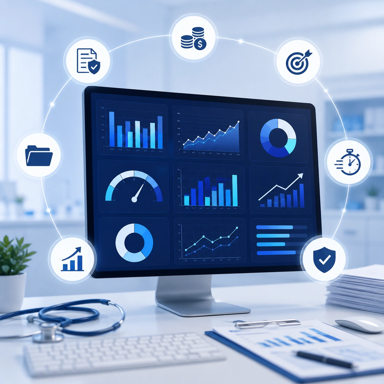 Desktop monitor displaying a clinical dashboard with medical analytics and revenue growth metrics - Acuity Health Solution