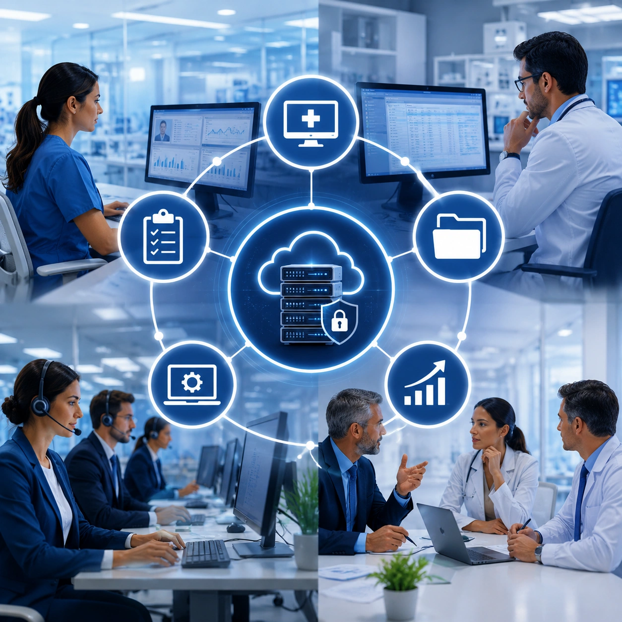 Secure healthcare cloud network connecting medical staff, support agents, and data analytics - Acuity Health Solution
