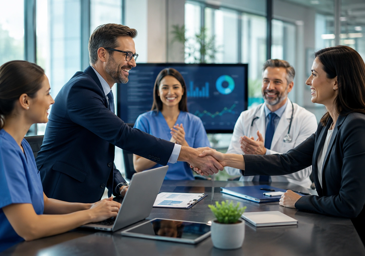 Healthcare executives shaking hands during a successful medical partnership board meeting - Acuity Health Solution