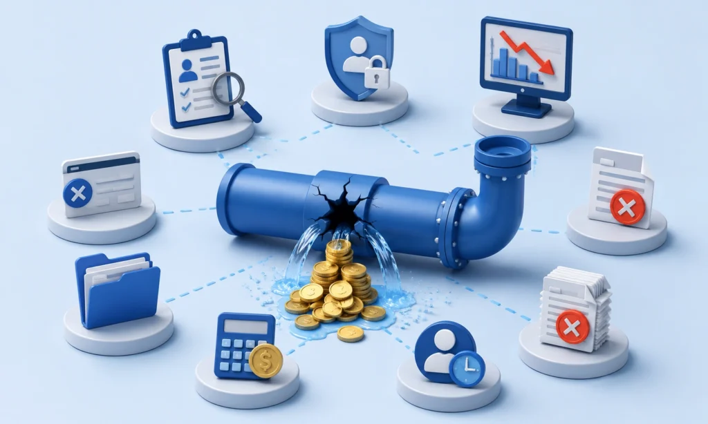 Leaking blue pipe spilling gold coins representing healthcare revenue leakage and financial loss - Acuity Health Solution