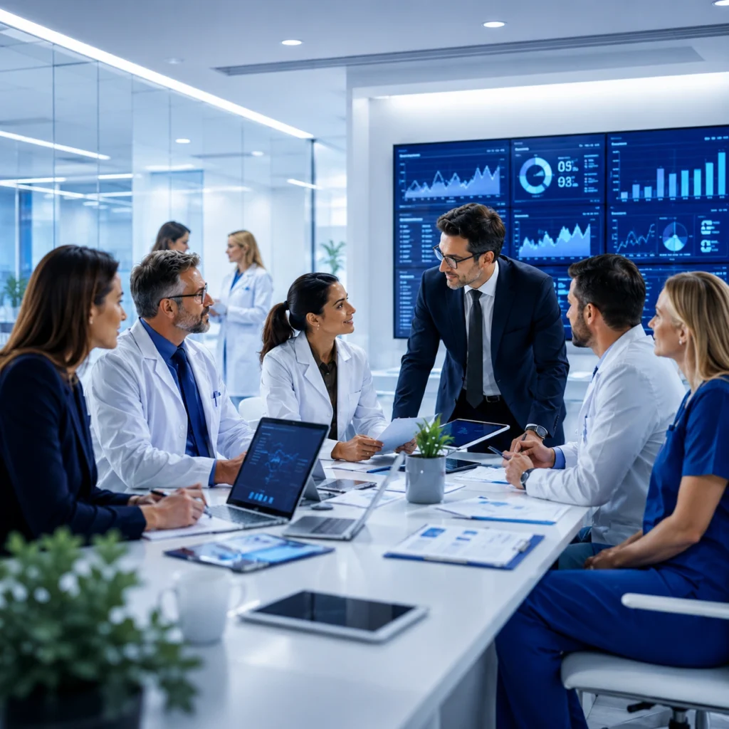 A professional medical board and business consultants collaborate around a meeting table with laptops, while large digital screens display complex clinical analytics data in the background.