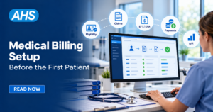 Medical billing specialist configuring claims, electronic payments, and accounts receivable for a new practice