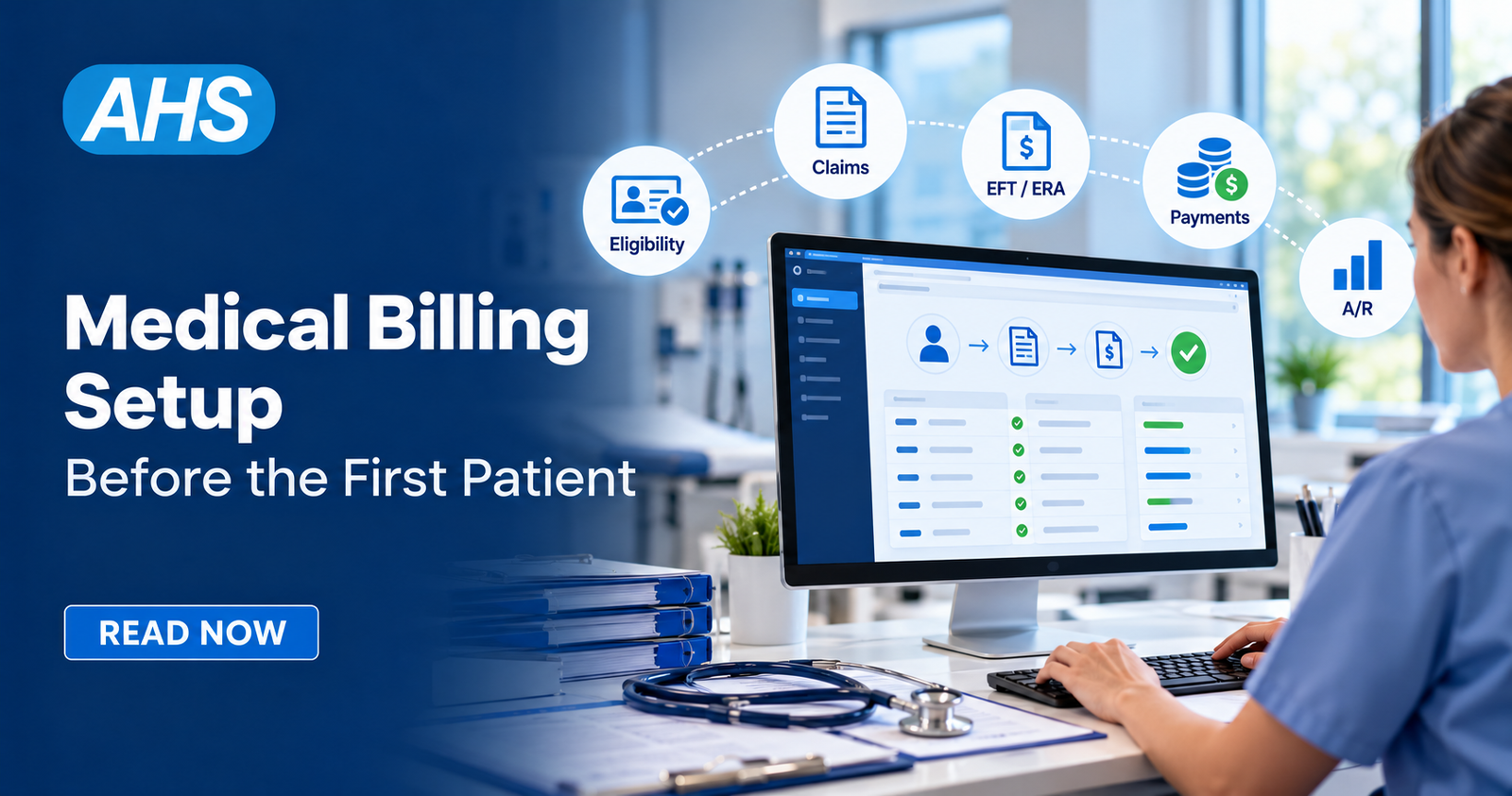 Medical billing specialist configuring claims, electronic payments, and accounts receivable for a new practice
